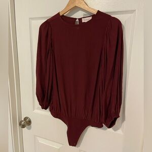Bohme Burgundy Wine Balloon Sleeve Bodysuit Blouse